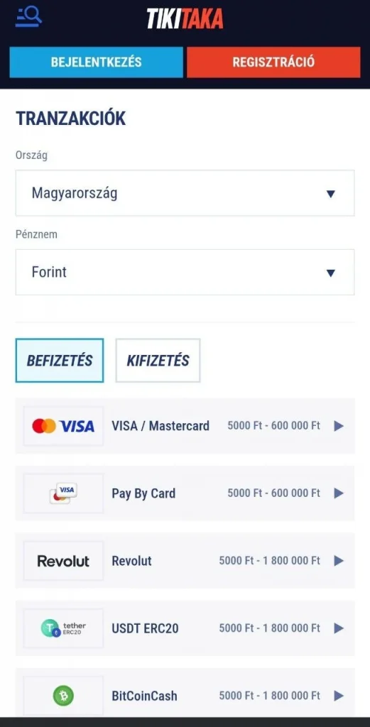 Fizetési módok a TikiTaka Kaszinóban