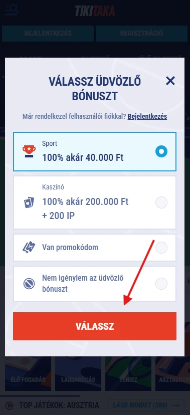 TikTaka Casino üdvözlő bónusz kiválasztása
