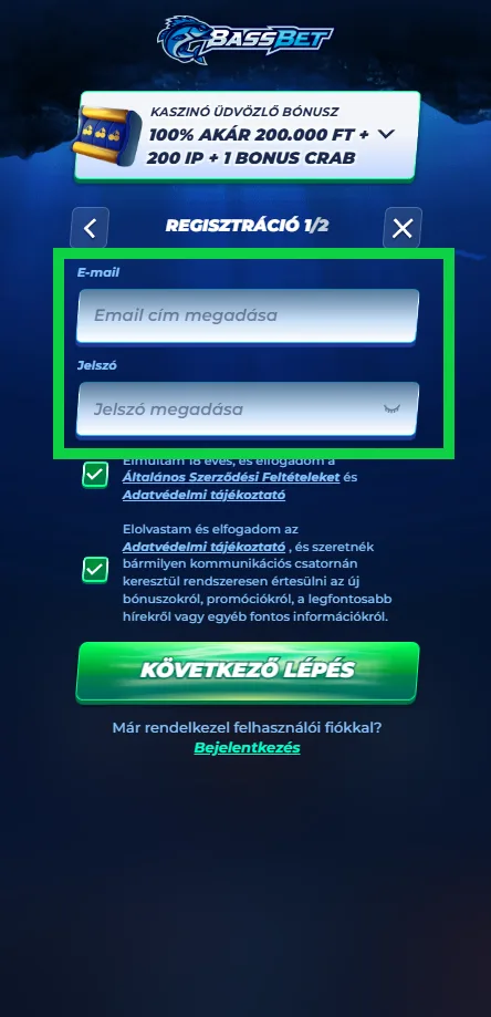 Bassbet fiók létrehozása