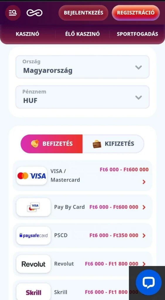 Infinity Casino fizetési módok