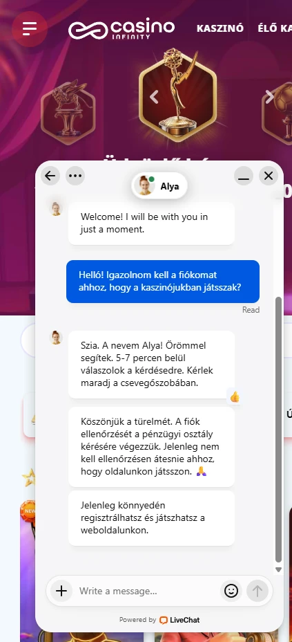 Infinity Casino támogatási szolgáltatás
