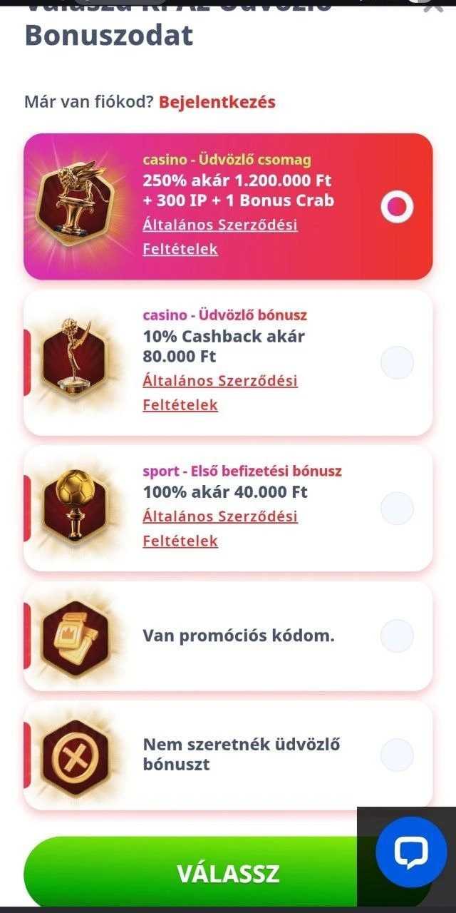 Az Infinity Casino bónuszválasztéka