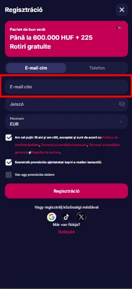 nv kaszinó e-mail beviteli mező
