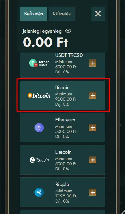 Válassza ki a Bitcoin-befizetést