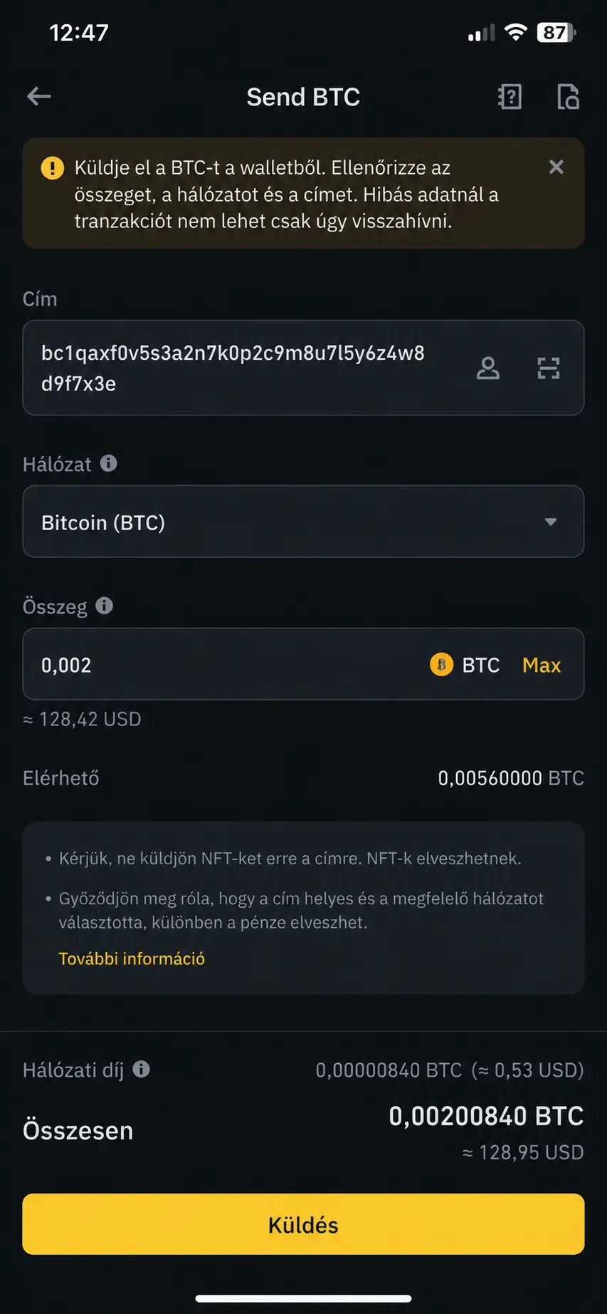 Küldje el a BTC-t a walletből