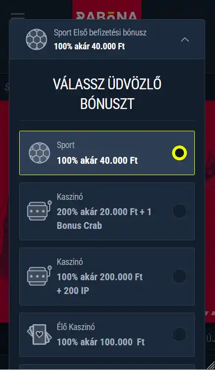 Válasszon bónusztípust